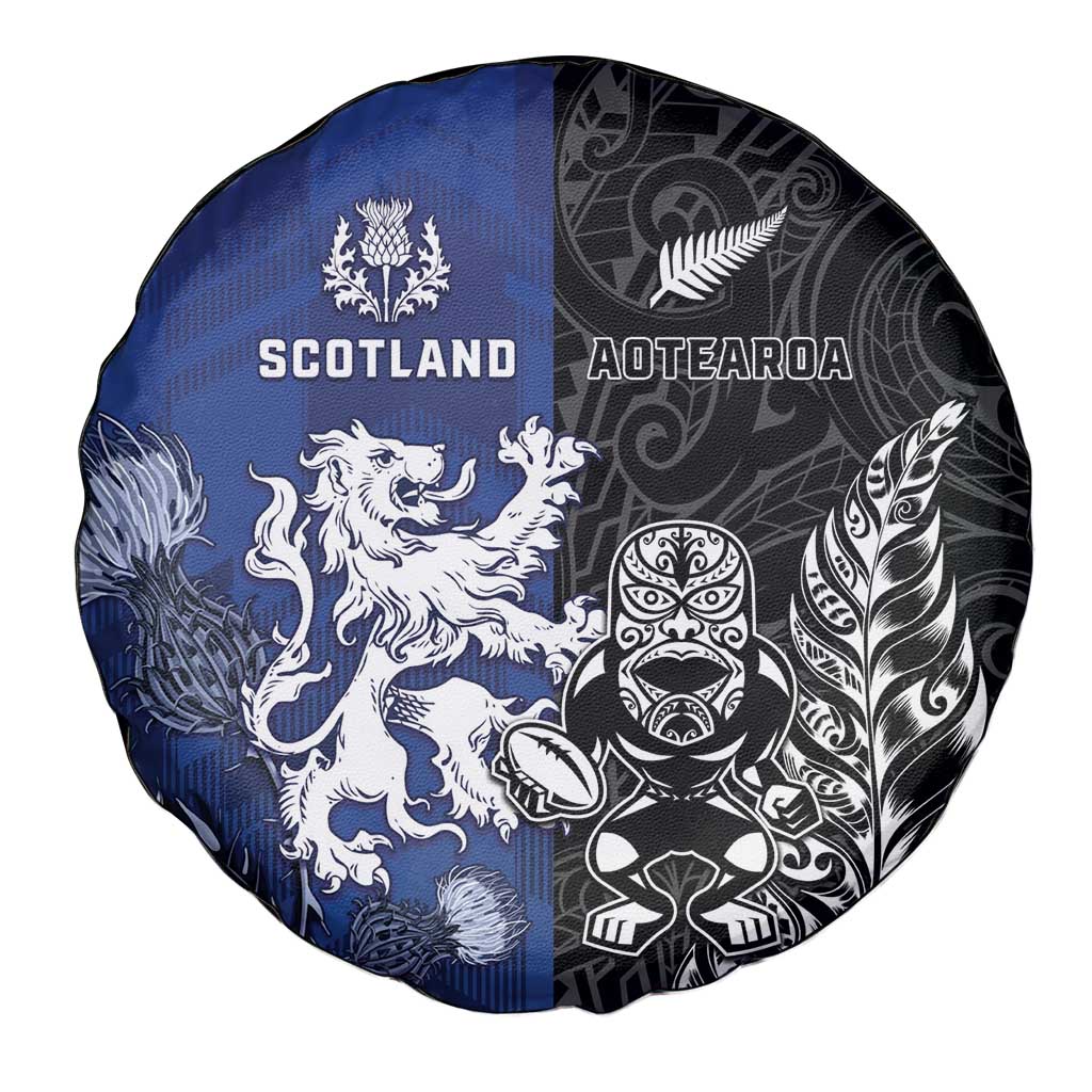 New Zealand And Scotland Rugby Spare Tire Cover Maori Tiki With Thistle Together LT05 - Polynesian Pride