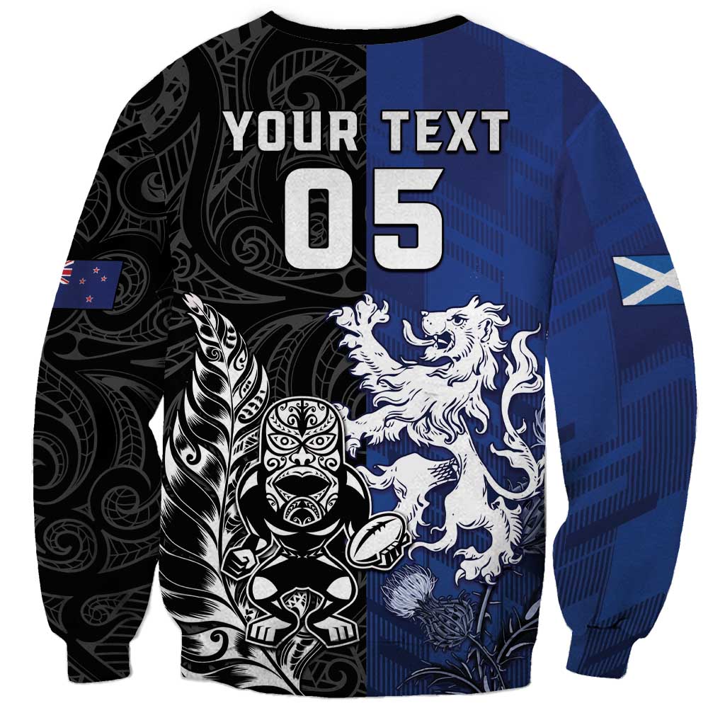 New Zealand And Scotland Rugby Custom Sweatshirt Maori Tiki With Thistle Together