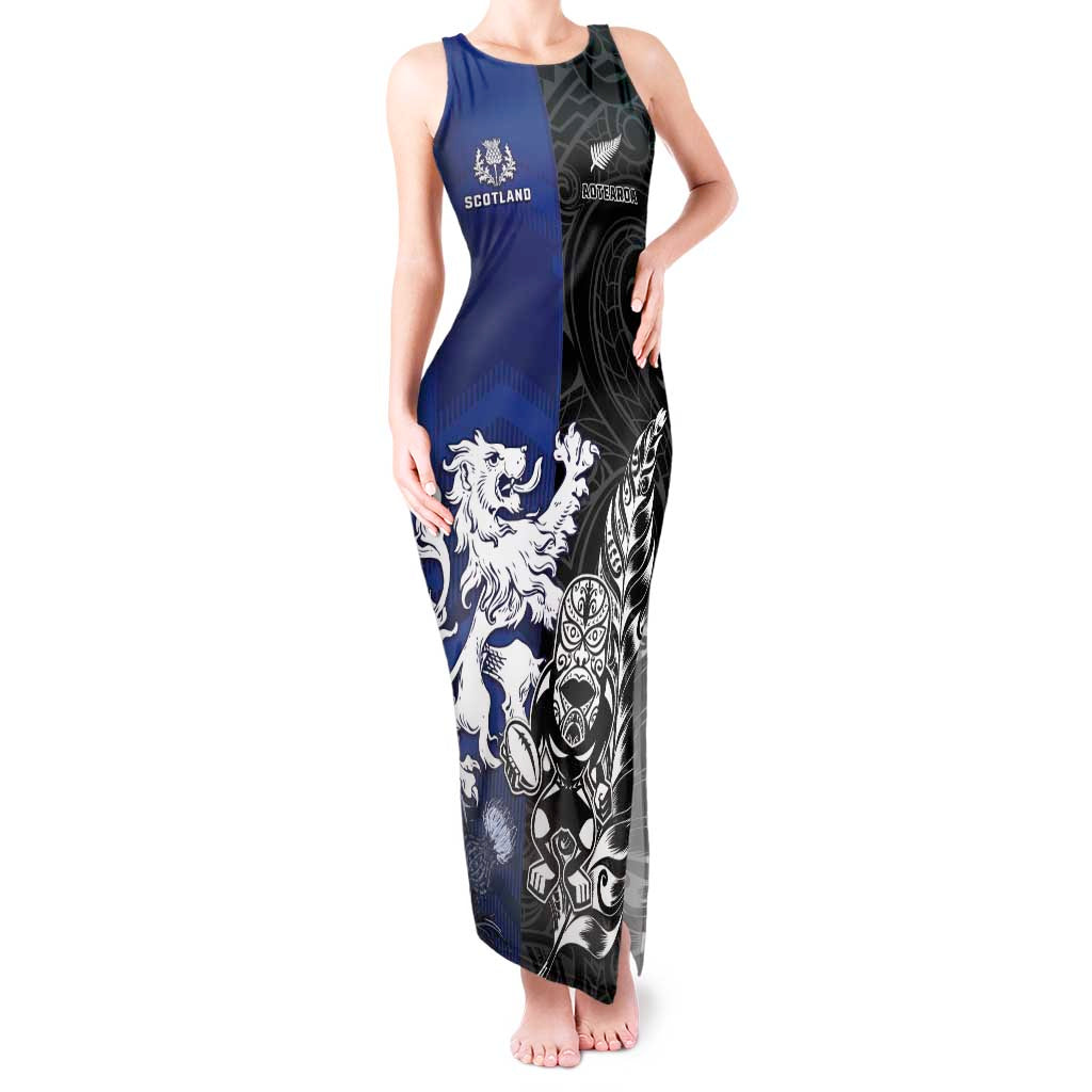 New Zealand And Scotland Rugby Custom Tank Maxi Dress Maori Tiki With Thistle Together LT05 Women Black - Polynesian Pride