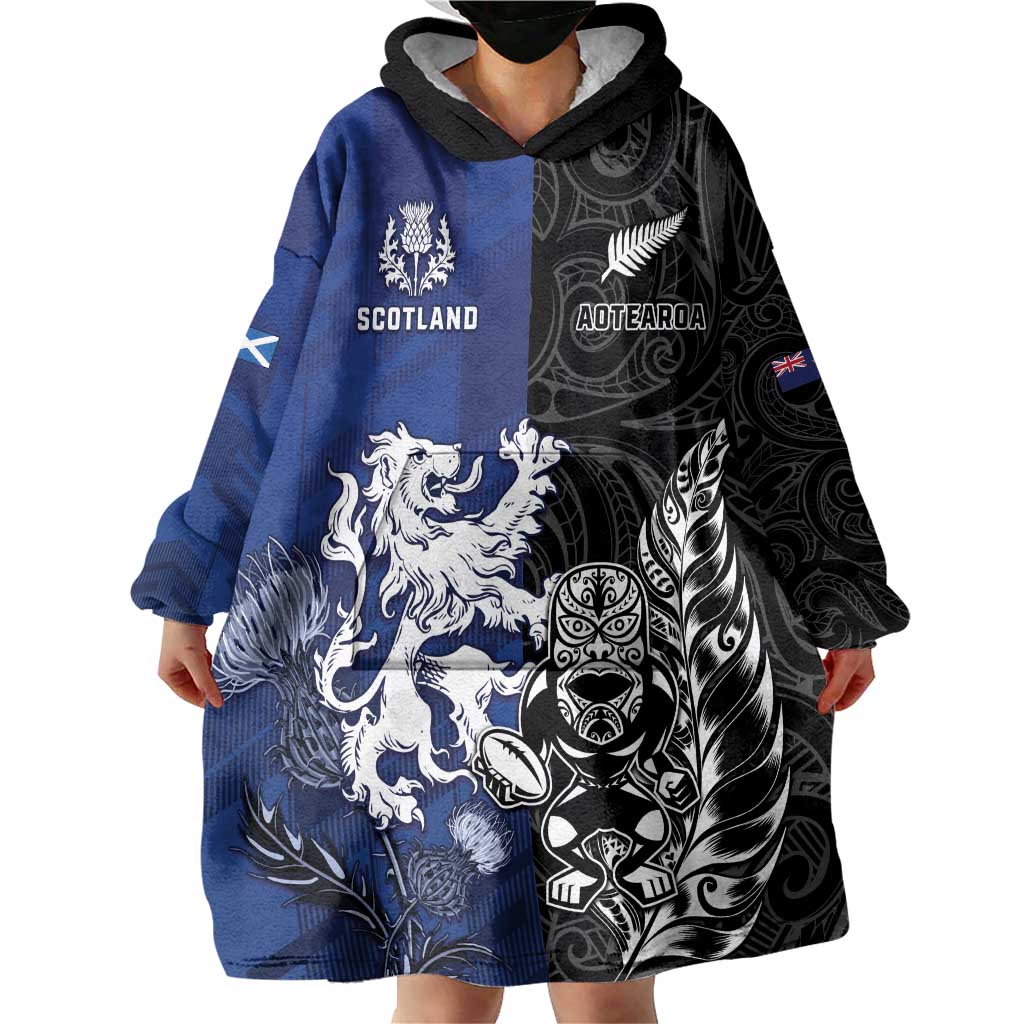 New Zealand And Scotland Rugby Custom Wearable Blanket Hoodie Maori Tiki With Thistle Together LT05 - Polynesian Pride