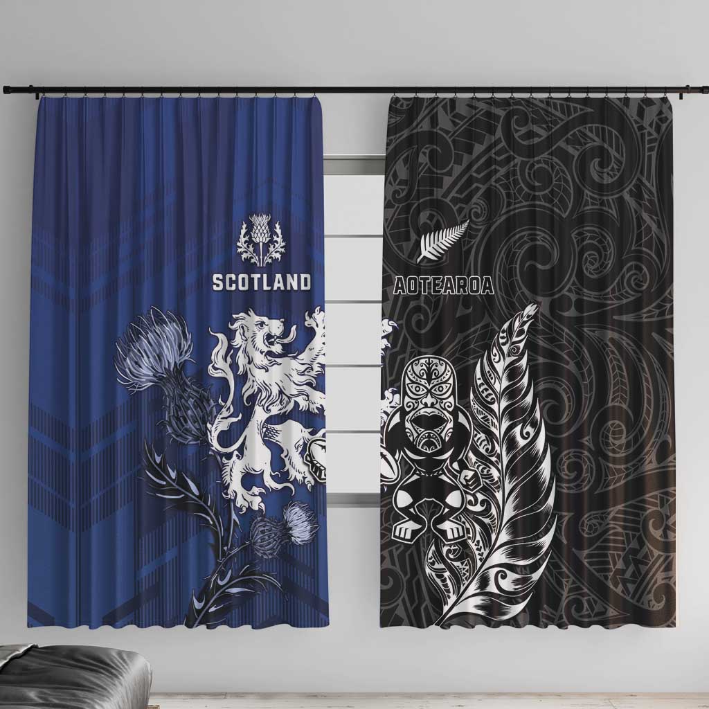 New Zealand And Scotland Rugby Window Curtain Maori Tiki With Thistle Together LT05 With Hooks Black - Polynesian Pride