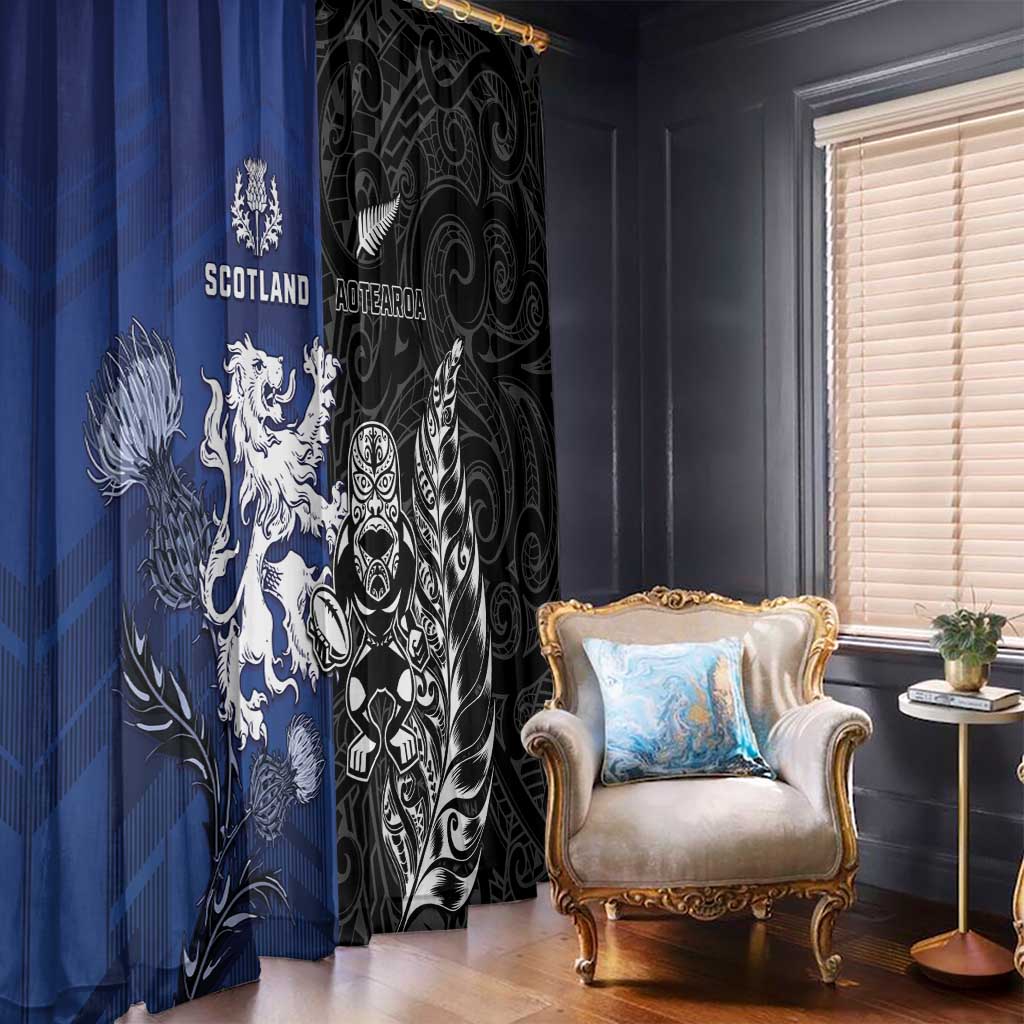 New Zealand And Scotland Rugby Window Curtain Maori Tiki With Thistle Together LT05 - Polynesian Pride