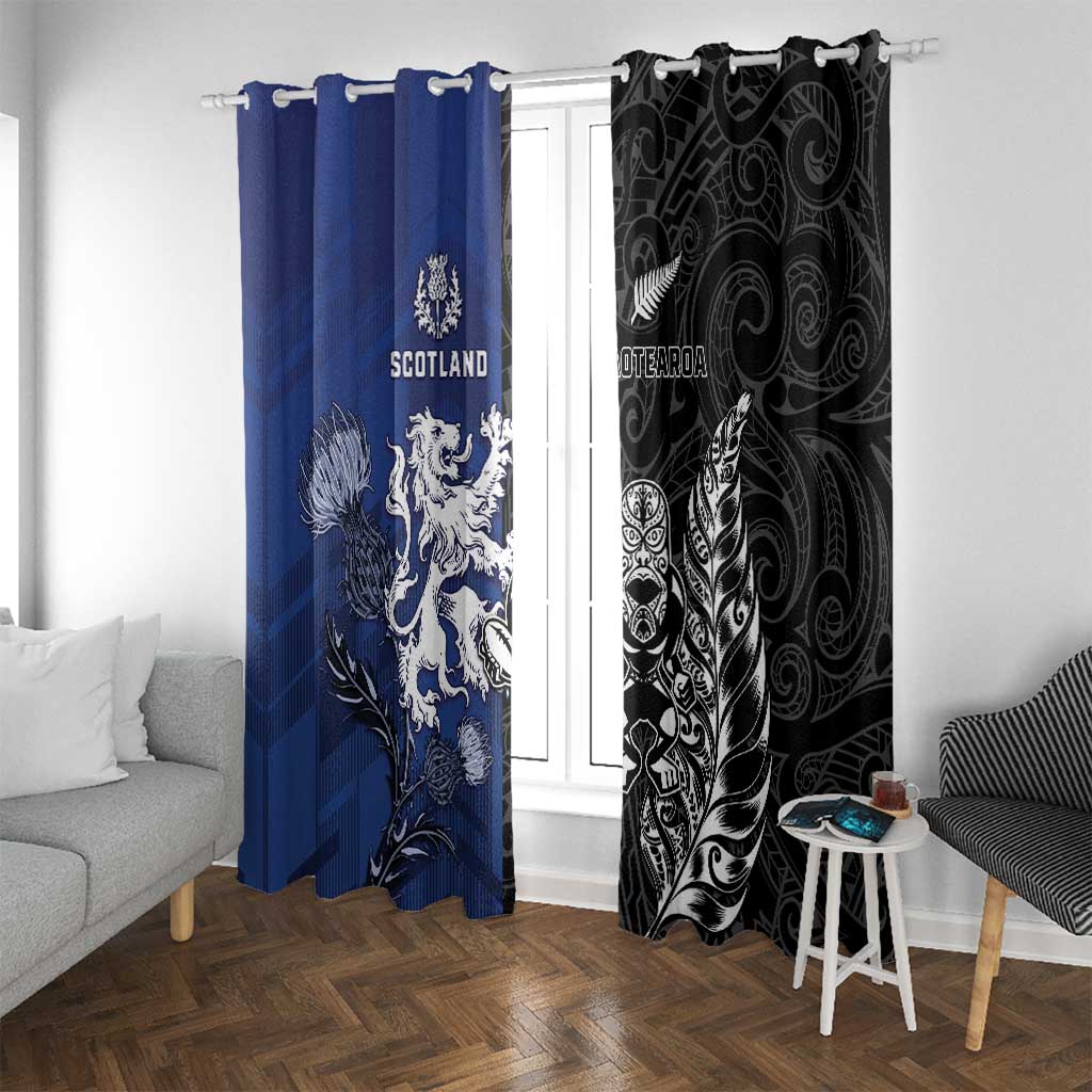 New Zealand And Scotland Rugby Window Curtain Maori Tiki With Thistle Together LT05 With Grommets Black - Polynesian Pride