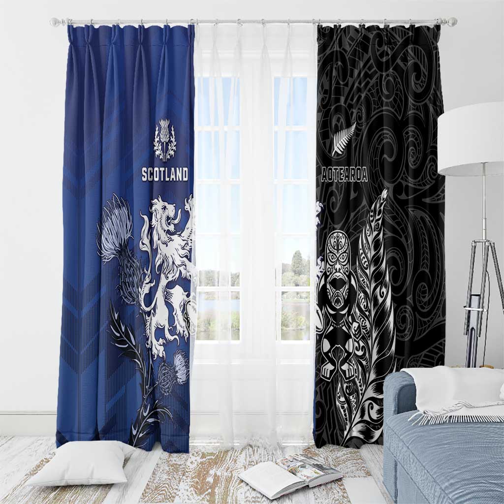 New Zealand And Scotland Rugby Window Curtain Maori Tiki With Thistle Together LT05 - Polynesian Pride