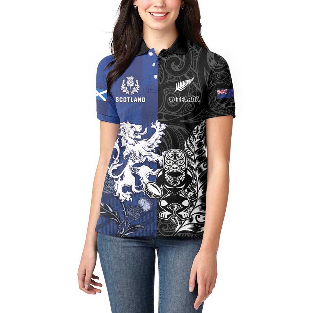New Zealand And Scotland Rugby Custom Women Polo Shirt Maori Tiki With Thistle Together LT05 - Polynesian Pride