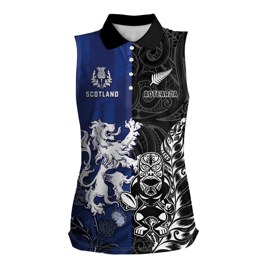 New Zealand And Scotland Rugby Custom Women Sleeveless Polo Shirt Maori Tiki With Thistle Together LT05 Female Black - Polynesian Pride