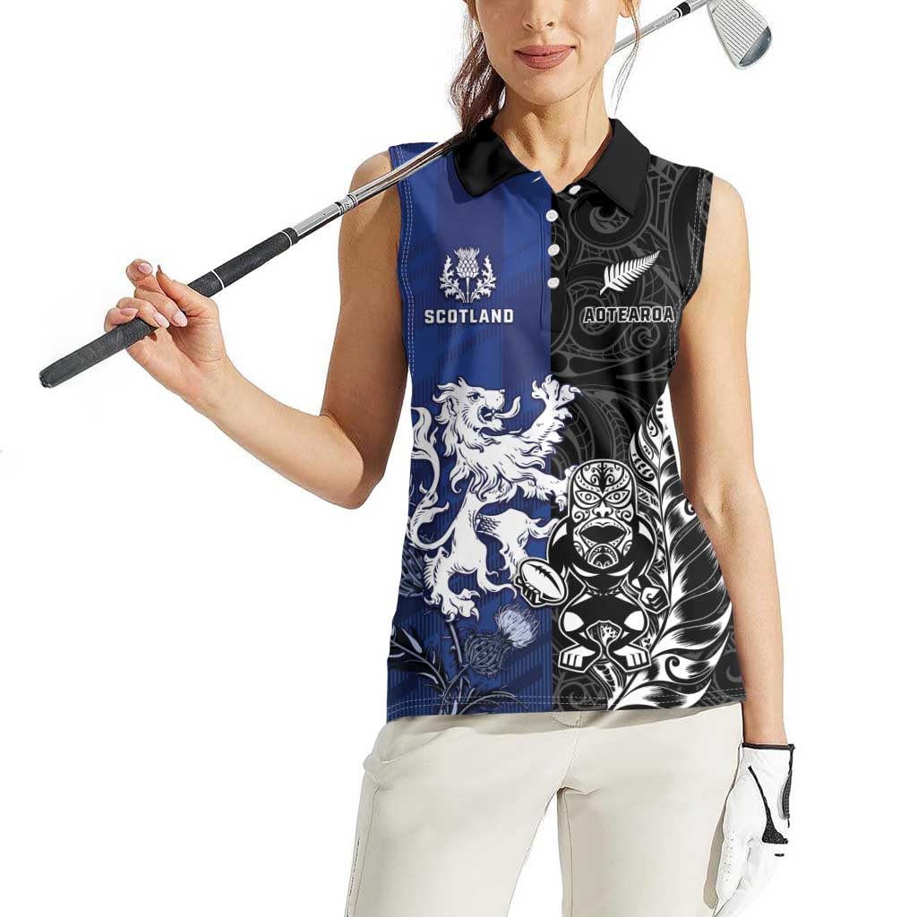 New Zealand And Scotland Rugby Custom Women Sleeveless Polo Shirt Maori Tiki With Thistle Together LT05 - Polynesian Pride