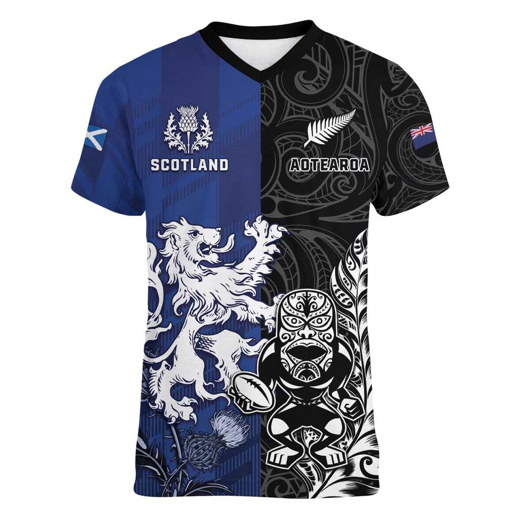 New Zealand And Scotland Rugby Custom Women V-Neck T-Shirt Maori Tiki With Thistle Together LT05 Female Black - Polynesian Pride