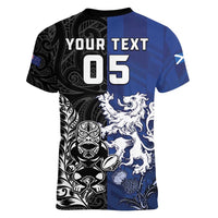 New Zealand And Scotland Rugby Custom Women V-Neck T-Shirt Maori Tiki With Thistle Together LT05 - Polynesian Pride