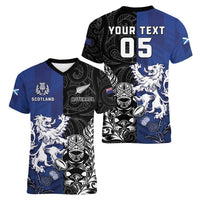 New Zealand And Scotland Rugby Custom Women V-Neck T-Shirt Maori Tiki With Thistle Together LT05 - Polynesian Pride