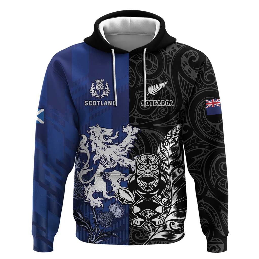 New Zealand And Scotland Rugby Custom Zip Hoodie Maori Tiki With Thistle Together LT05 Pullover Hoodie Black - Polynesian Pride