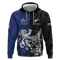 New Zealand And Scotland Rugby Custom Zip Hoodie Maori Tiki With Thistle Together LT05 Pullover Hoodie Black - Polynesian Pride