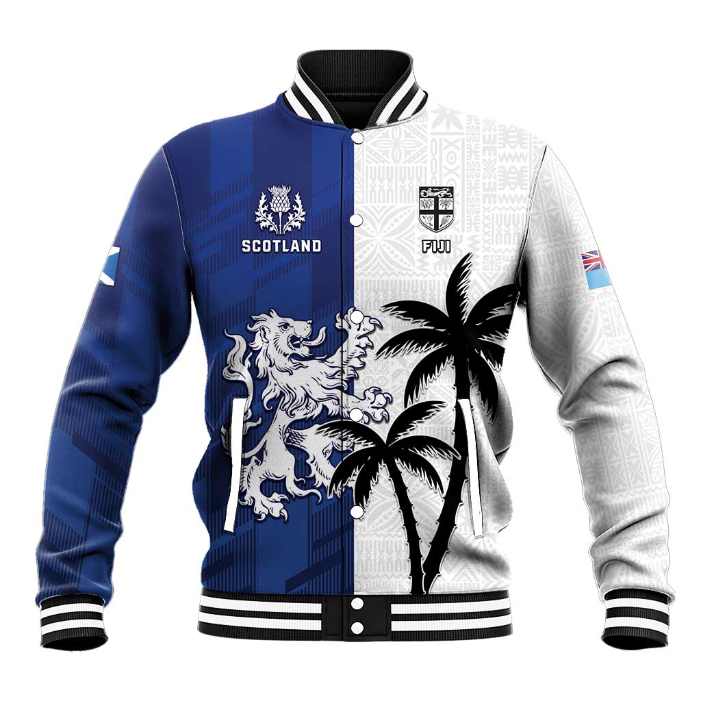 Fiji And Scotland Rugby Custom Baseball Jacket Fijian Palm Tree With Thistle Together