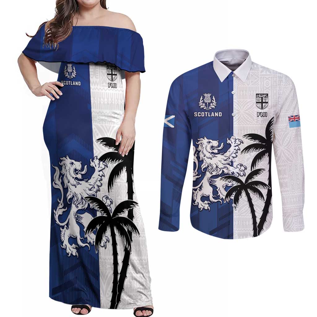 Fiji And Scotland Rugby Custom Couples Matching Off Shoulder Maxi Dress and Long Sleeve Button Shirt Fijian Palm Tree With Thistle Together LT05 Blue - Polynesian Pride