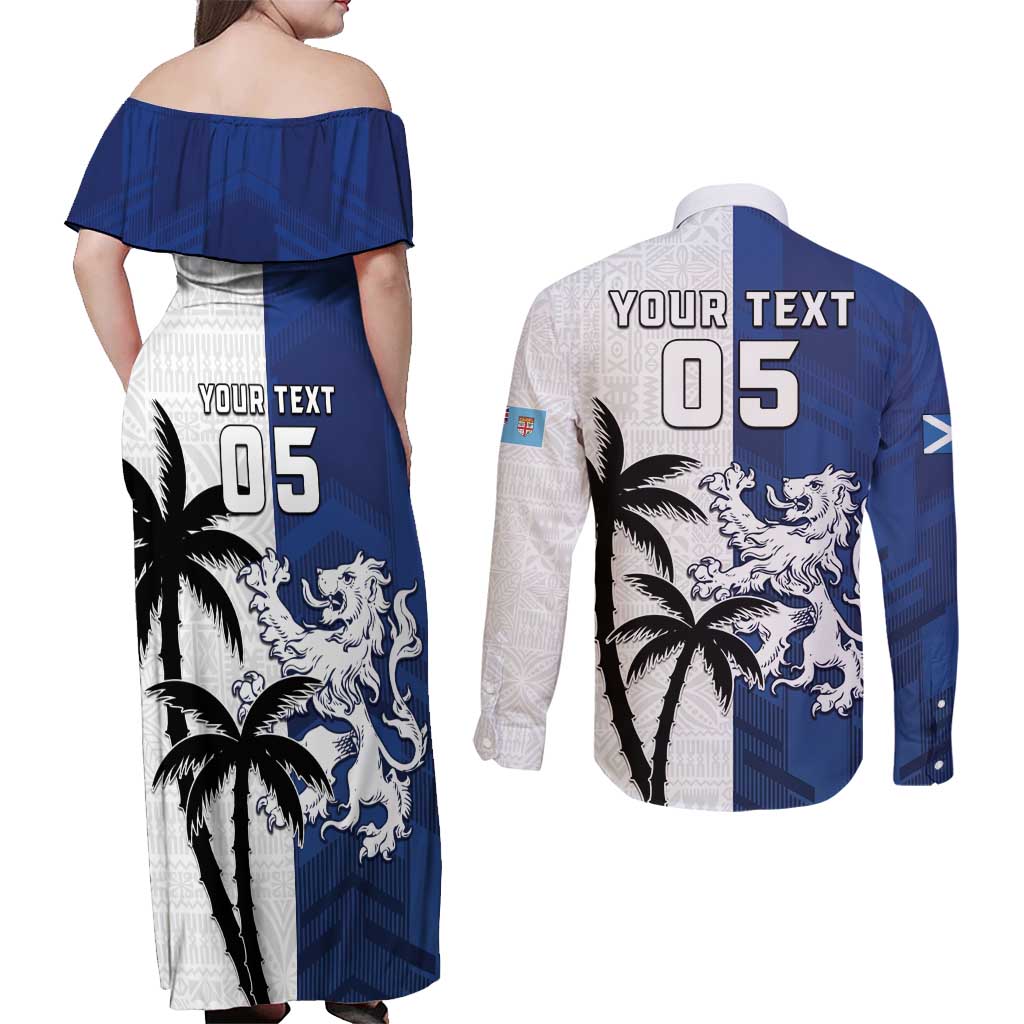 Fiji And Scotland Rugby Custom Couples Matching Off Shoulder Maxi Dress and Long Sleeve Button Shirt Fijian Palm Tree With Thistle Together LT05 - Polynesian Pride
