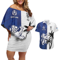 Fiji And Scotland Rugby Custom Couples Matching Off Shoulder Short Dress and Hawaiian Shirt Fijian Palm Tree With Thistle Together LT05 Blue - Polynesian Pride