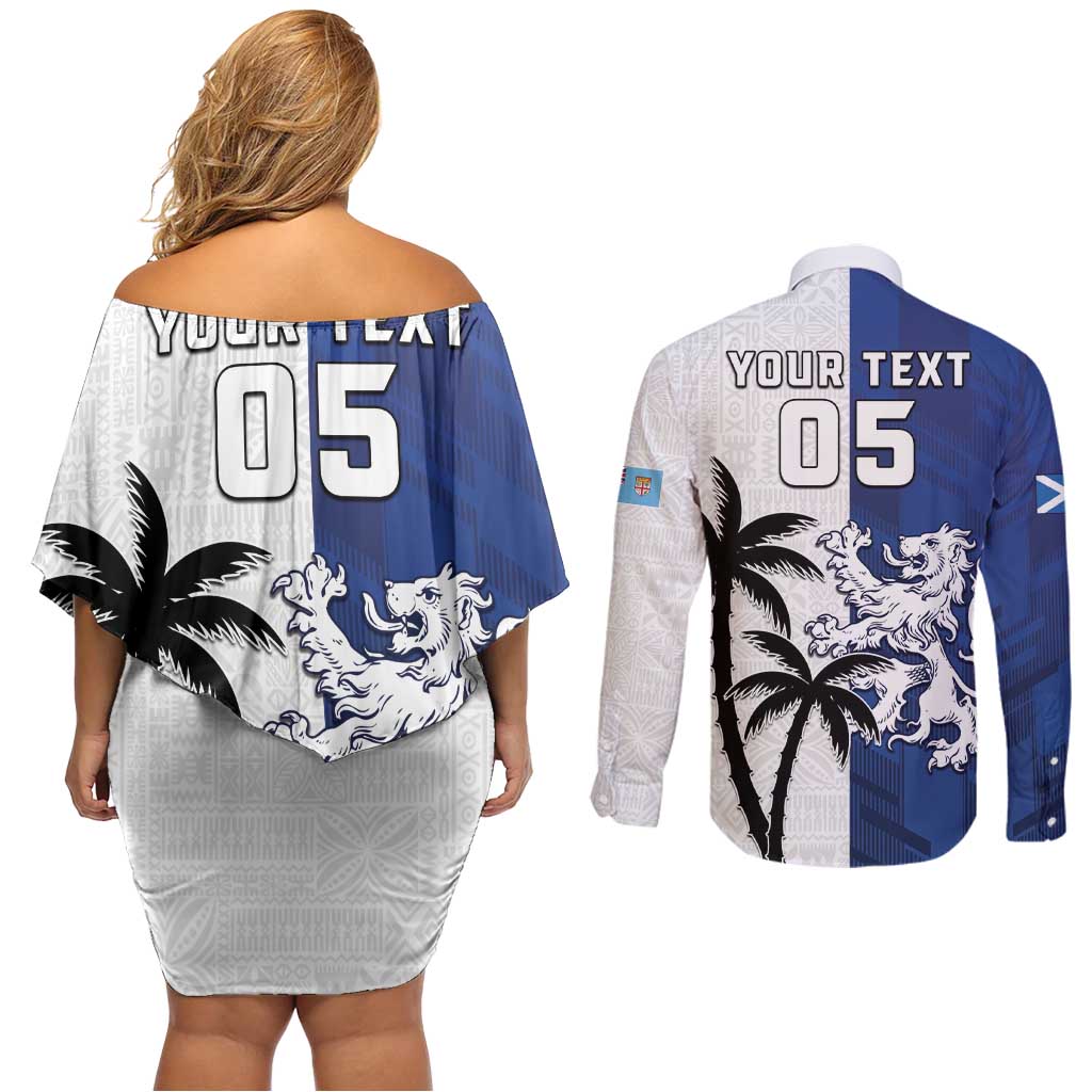 Fiji And Scotland Rugby Custom Couples Matching Off Shoulder Short Dress and Long Sleeve Button Shirt Fijian Palm Tree With Thistle Together LT05 - Polynesian Pride