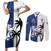 Fiji And Scotland Rugby Custom Couples Matching Short Sleeve Bodycon Dress and Long Sleeve Button Shirt Fijian Palm Tree With Thistle Together