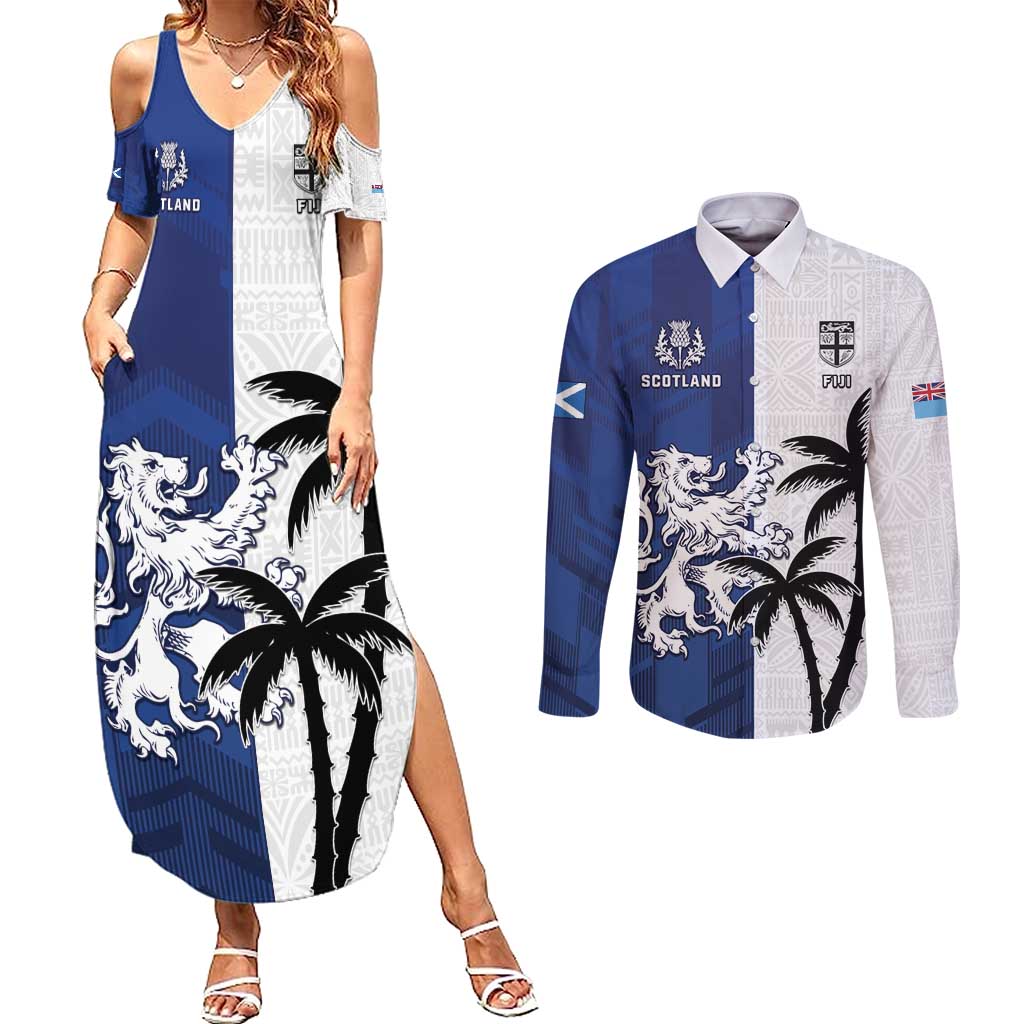 Fiji And Scotland Rugby Custom Couples Matching Summer Maxi Dress and Long Sleeve Button Shirt Fijian Palm Tree With Thistle Together