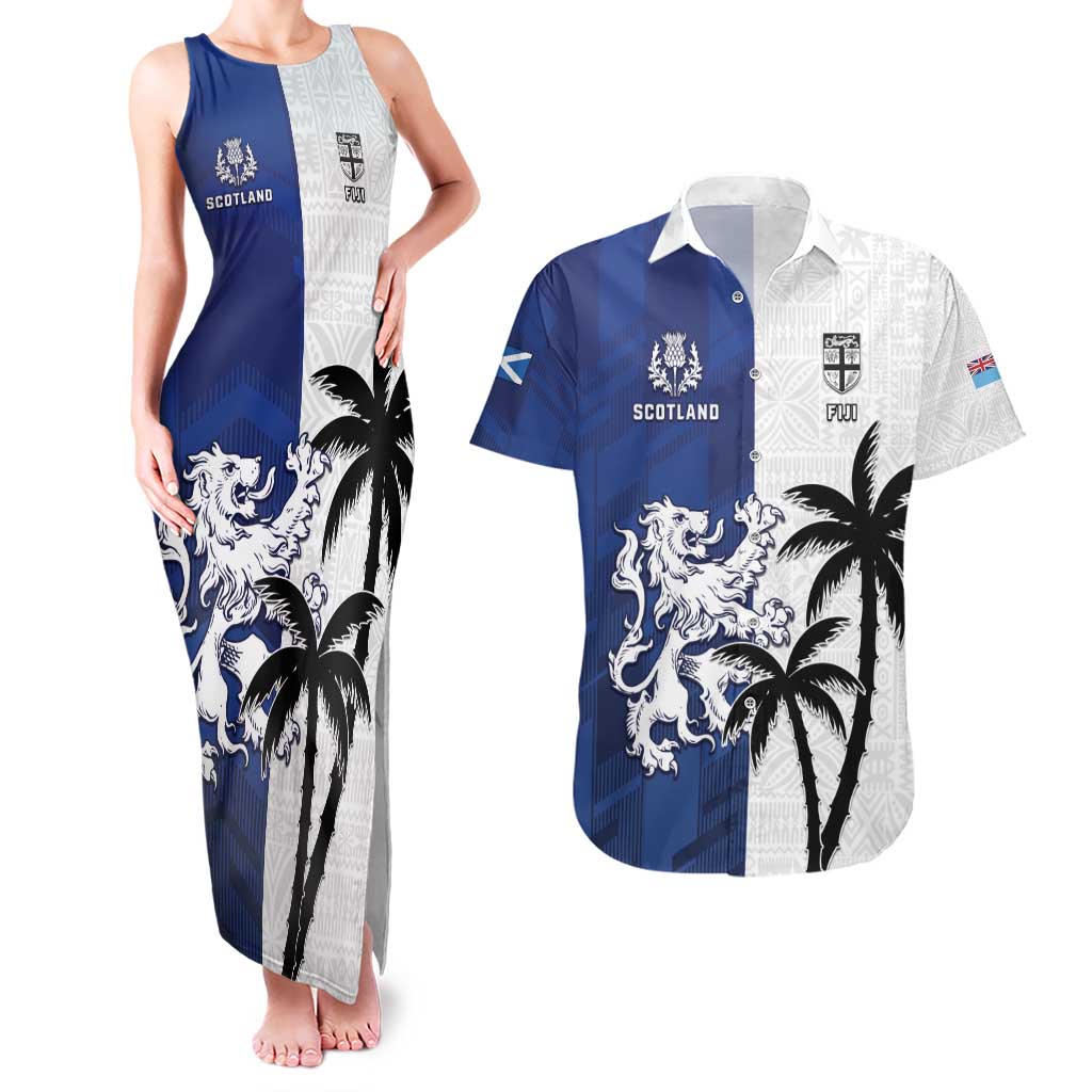 Fiji And Scotland Rugby Custom Couples Matching Tank Maxi Dress and Hawaiian Shirt Fijian Palm Tree With Thistle Together