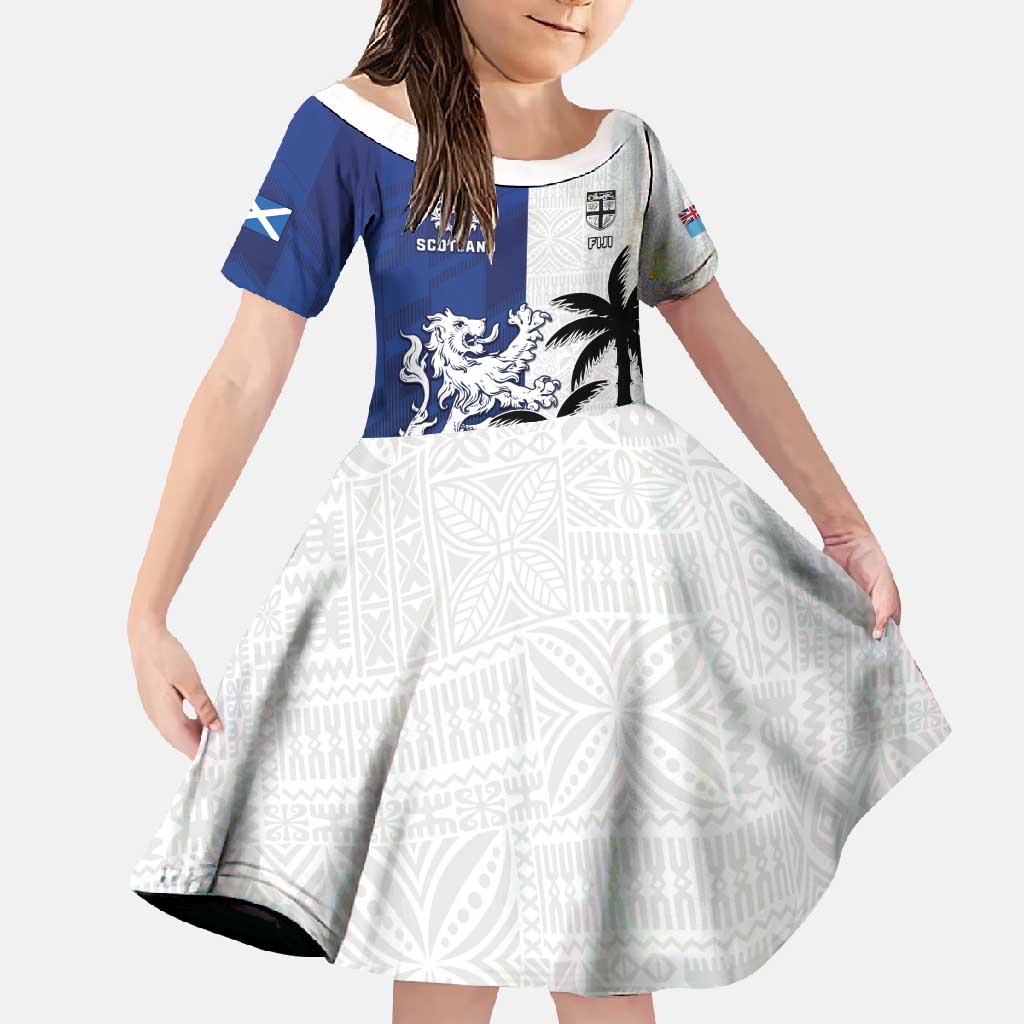 Fiji And Scotland Rugby Custom Family Matching Mermaid Dress and Hawaiian Shirt Fijian Palm Tree With Thistle Together LT05 Daughter's Dress Blue - Polynesian Pride