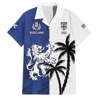 Fiji And Scotland Rugby Custom Family Matching Off Shoulder Maxi Dress and Hawaiian Shirt Fijian Palm Tree With Thistle Together LT05 Dad's Shirt - Short Sleeve Blue - Polynesian Pride