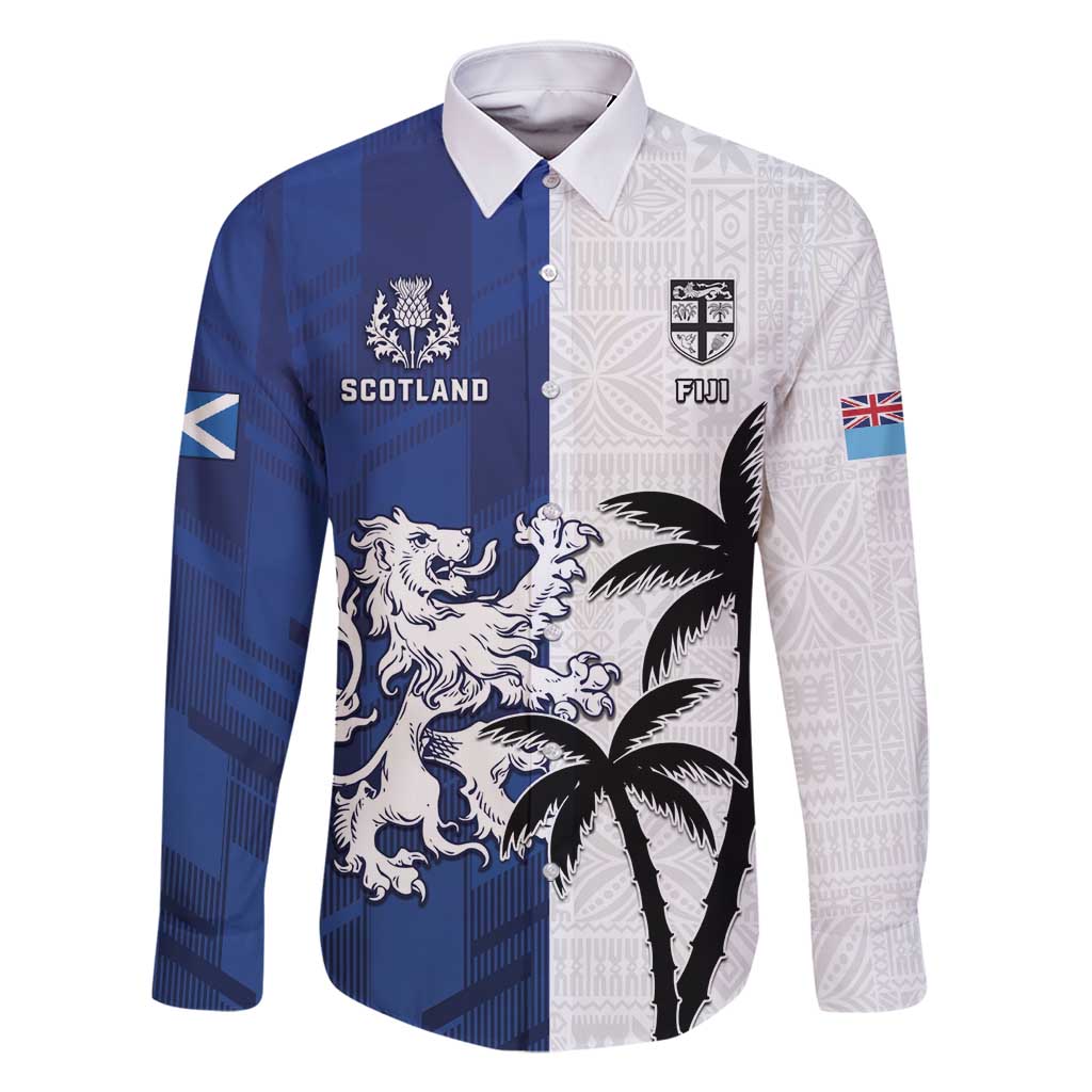 Fiji And Scotland Rugby Custom Family Matching Off Shoulder Maxi Dress and Hawaiian Shirt Fijian Palm Tree With Thistle Together LT05 Dad's Shirt - Long Sleeve Blue - Polynesian Pride