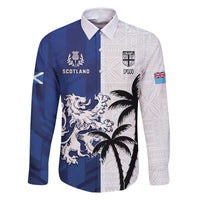 Fiji And Scotland Rugby Custom Family Matching Off Shoulder Maxi Dress and Hawaiian Shirt Fijian Palm Tree With Thistle Together LT05 Dad's Shirt - Long Sleeve Blue - Polynesian Pride