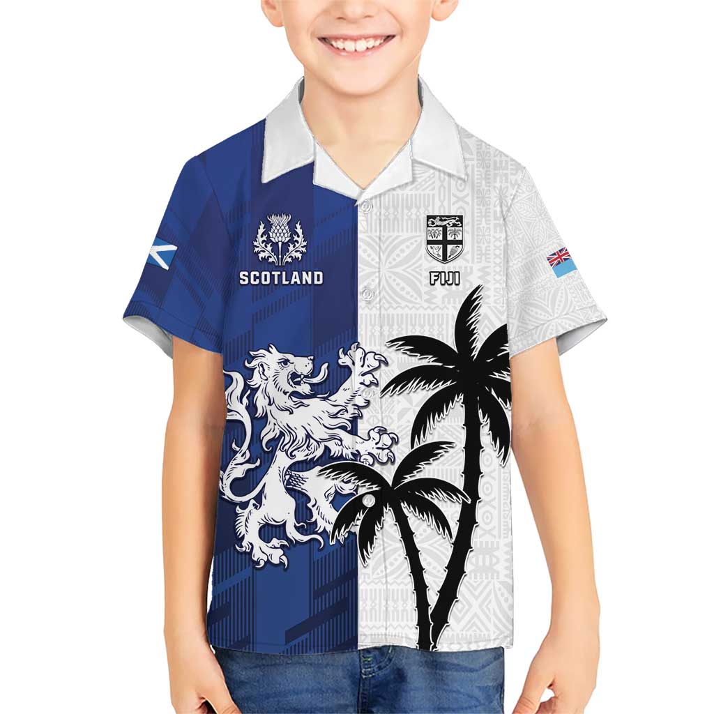 Fiji And Scotland Rugby Custom Family Matching Short Sleeve Bodycon Dress and Hawaiian Shirt Fijian Palm Tree With Thistle Together