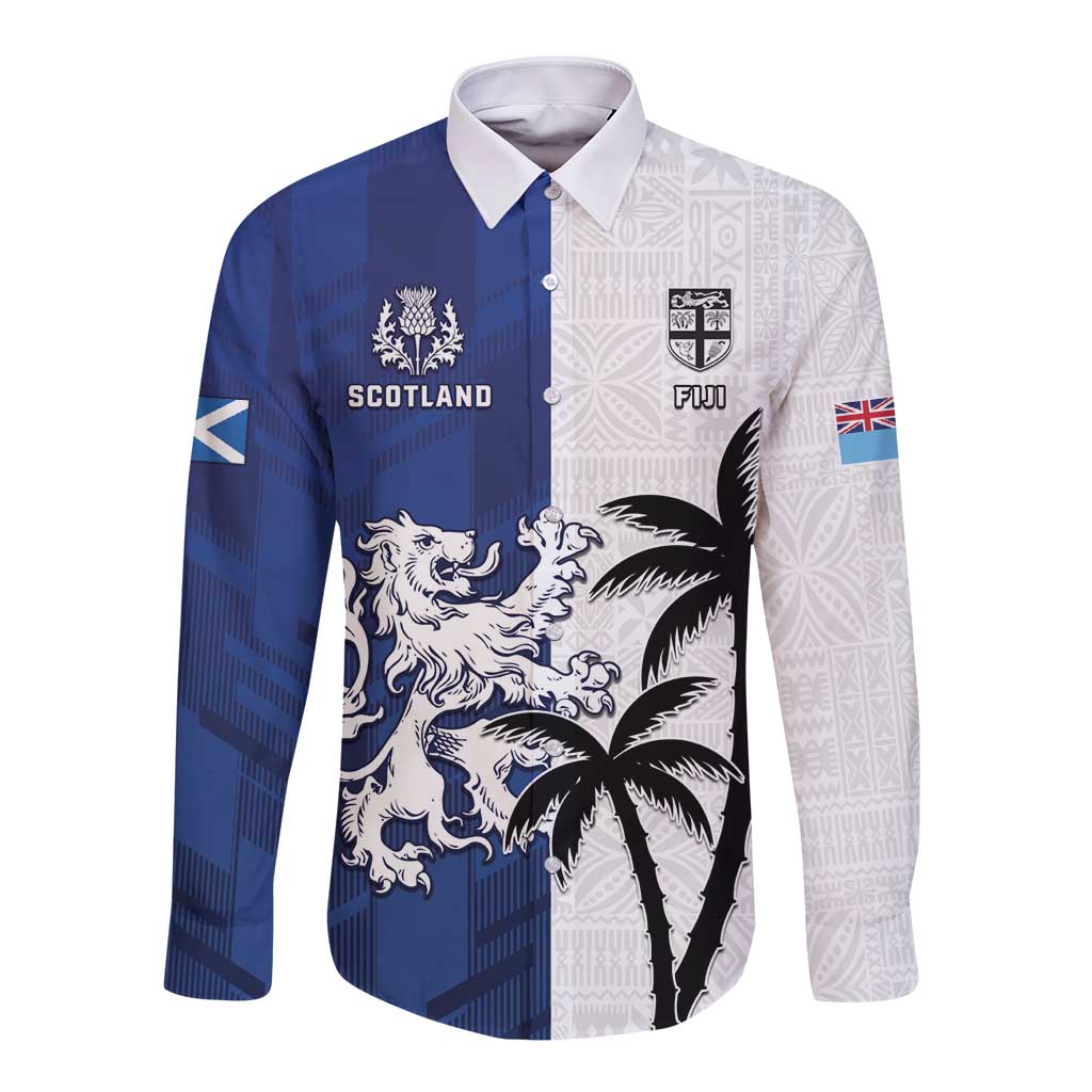 Fiji And Scotland Rugby Custom Long Sleeve Button Shirt Fijian Palm Tree With Thistle Together