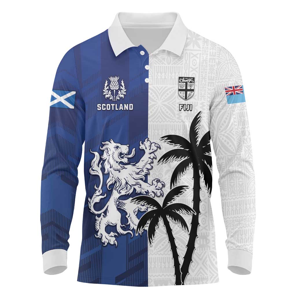 Fiji And Scotland Rugby Custom Long Sleeve Polo Shirt Fijian Palm Tree With Thistle Together LT05 Blue - Polynesian Pride