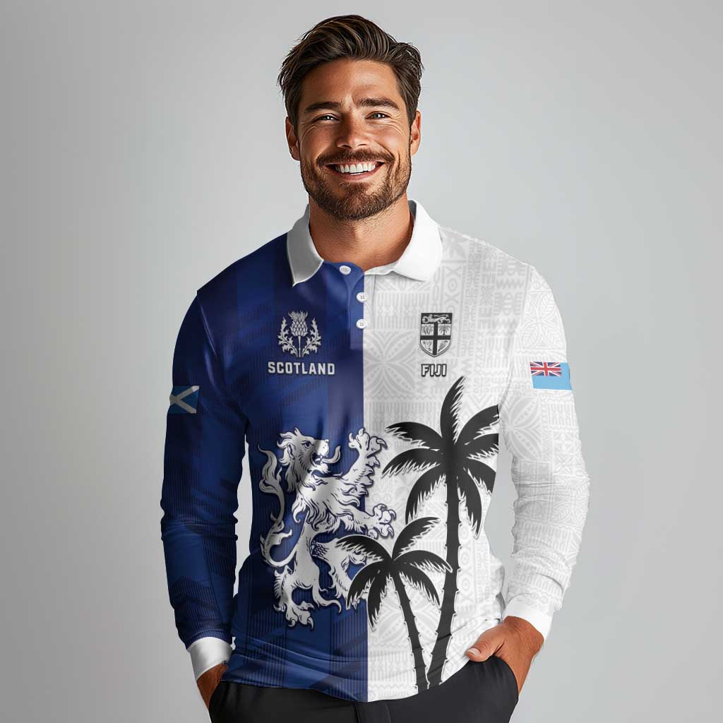 Fiji And Scotland Rugby Custom Long Sleeve Polo Shirt Fijian Palm Tree With Thistle Together LT05 - Polynesian Pride