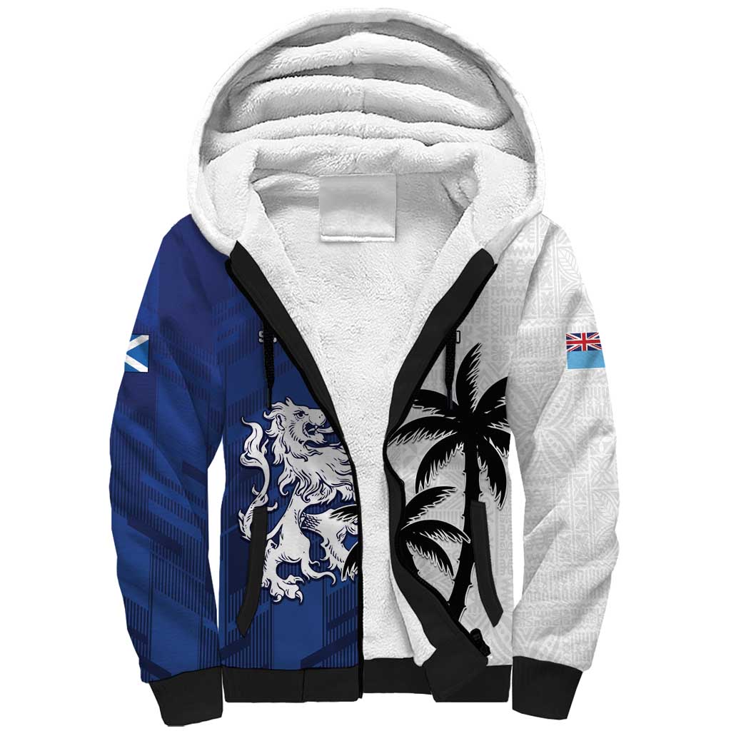 Fiji And Scotland Rugby Custom Sherpa Hoodie Fijian Palm Tree With Thistle Together LT05 Unisex Blue - Polynesian Pride