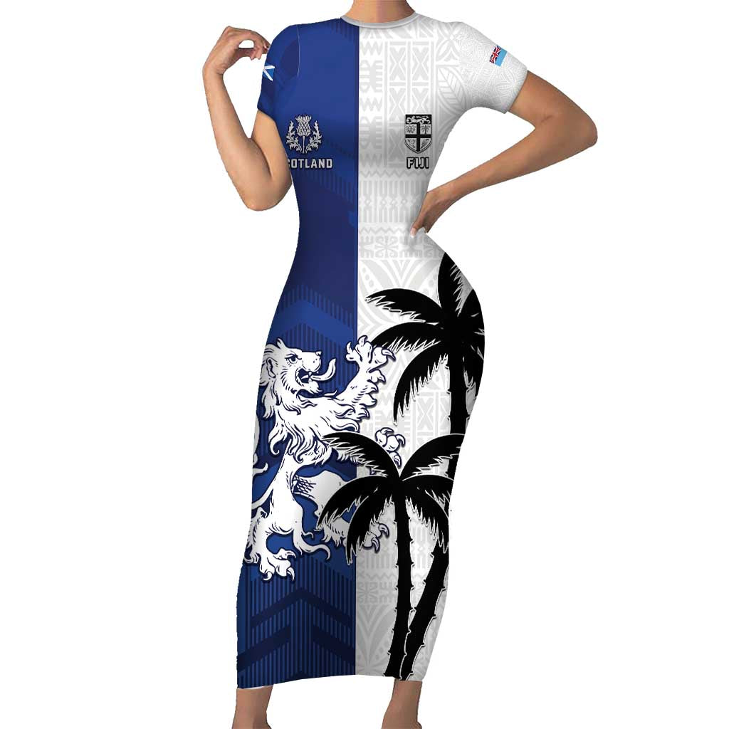 Fiji And Scotland Rugby Custom Short Sleeve Bodycon Dress Fijian Palm Tree With Thistle Together LT05 Long Dress Blue - Polynesian Pride
