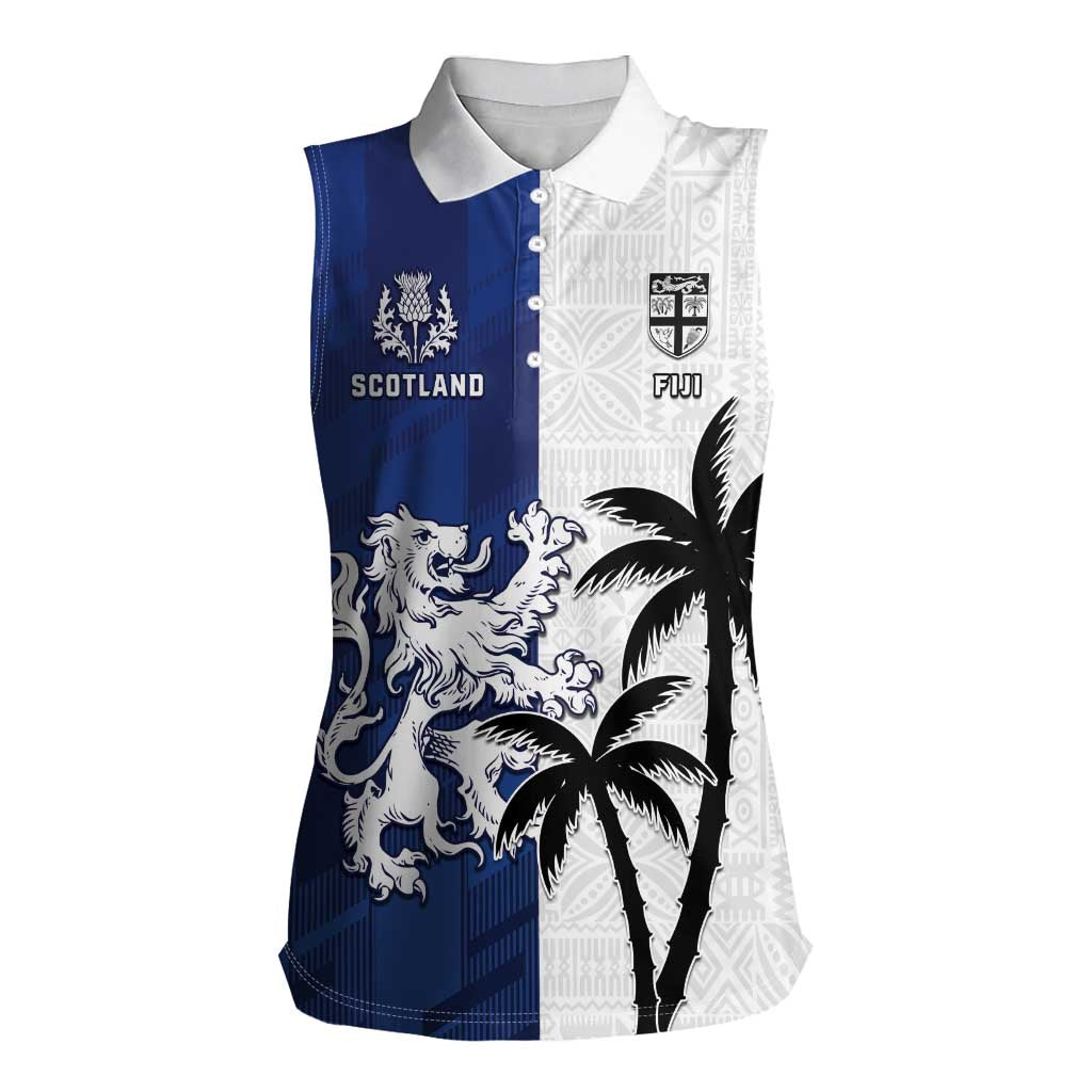 Fiji And Scotland Rugby Custom Women Sleeveless Polo Shirt Fijian Palm Tree With Thistle Together LT05 Female Blue - Polynesian Pride