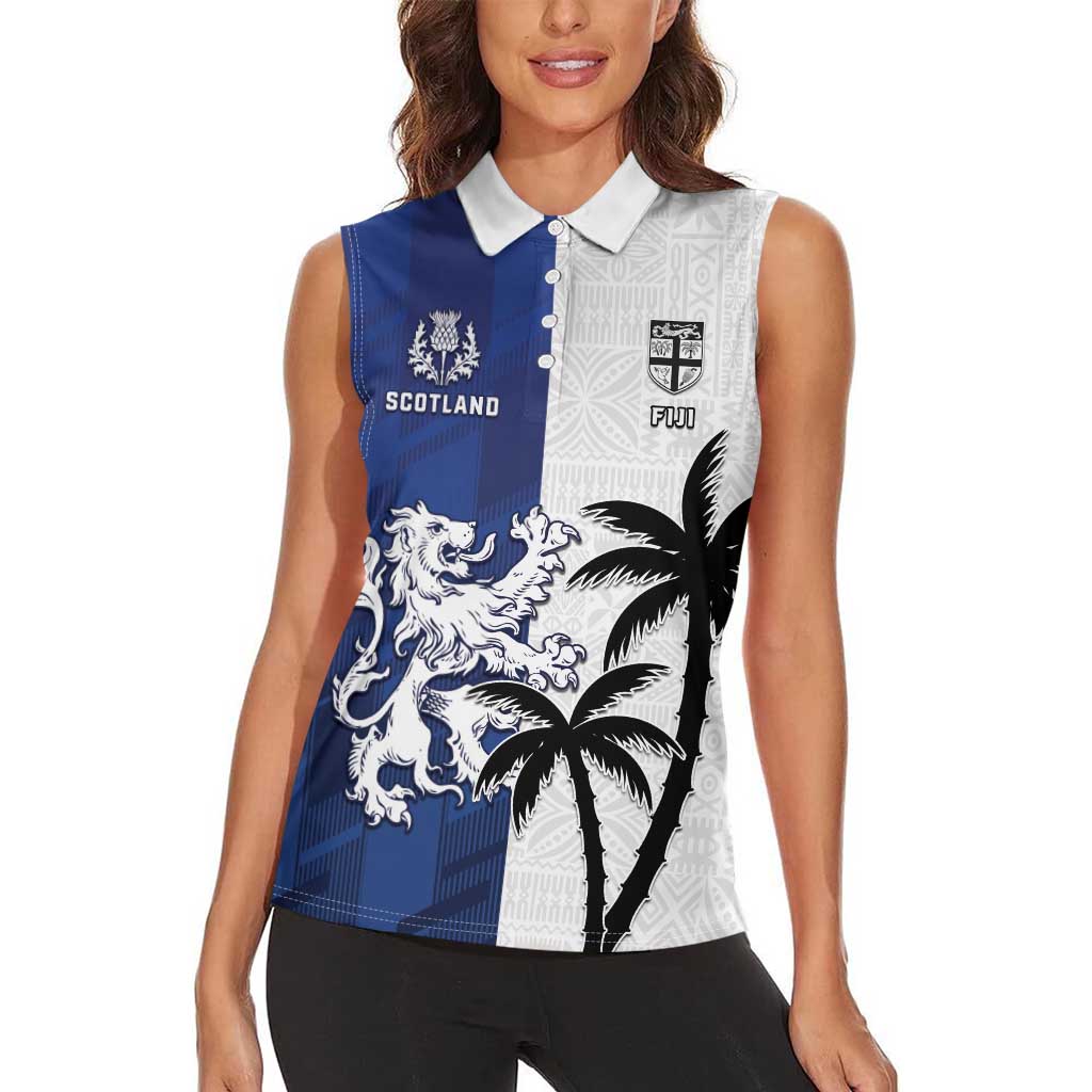 Fiji And Scotland Rugby Custom Women Sleeveless Polo Shirt Fijian Palm Tree With Thistle Together LT05 - Polynesian Pride