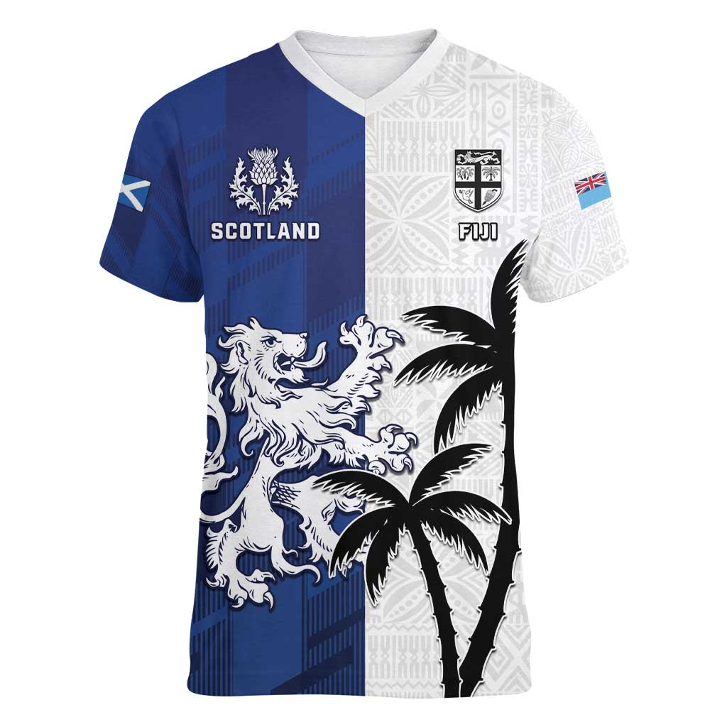 Fiji And Scotland Rugby Custom Women V-Neck T-Shirt Fijian Palm Tree With Thistle Together LT05 Female Blue - Polynesian Pride
