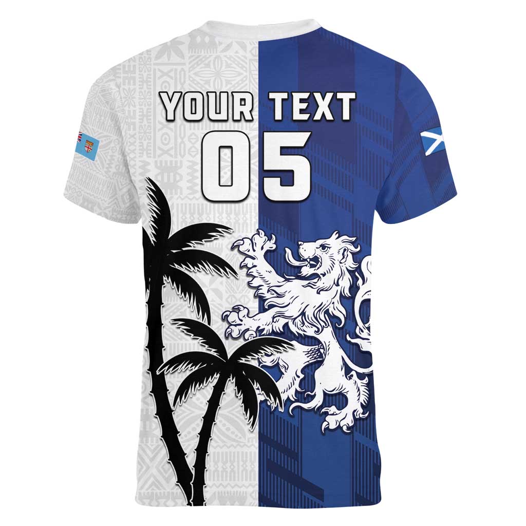 Fiji And Scotland Rugby Custom Women V-Neck T-Shirt Fijian Palm Tree With Thistle Together LT05 - Polynesian Pride