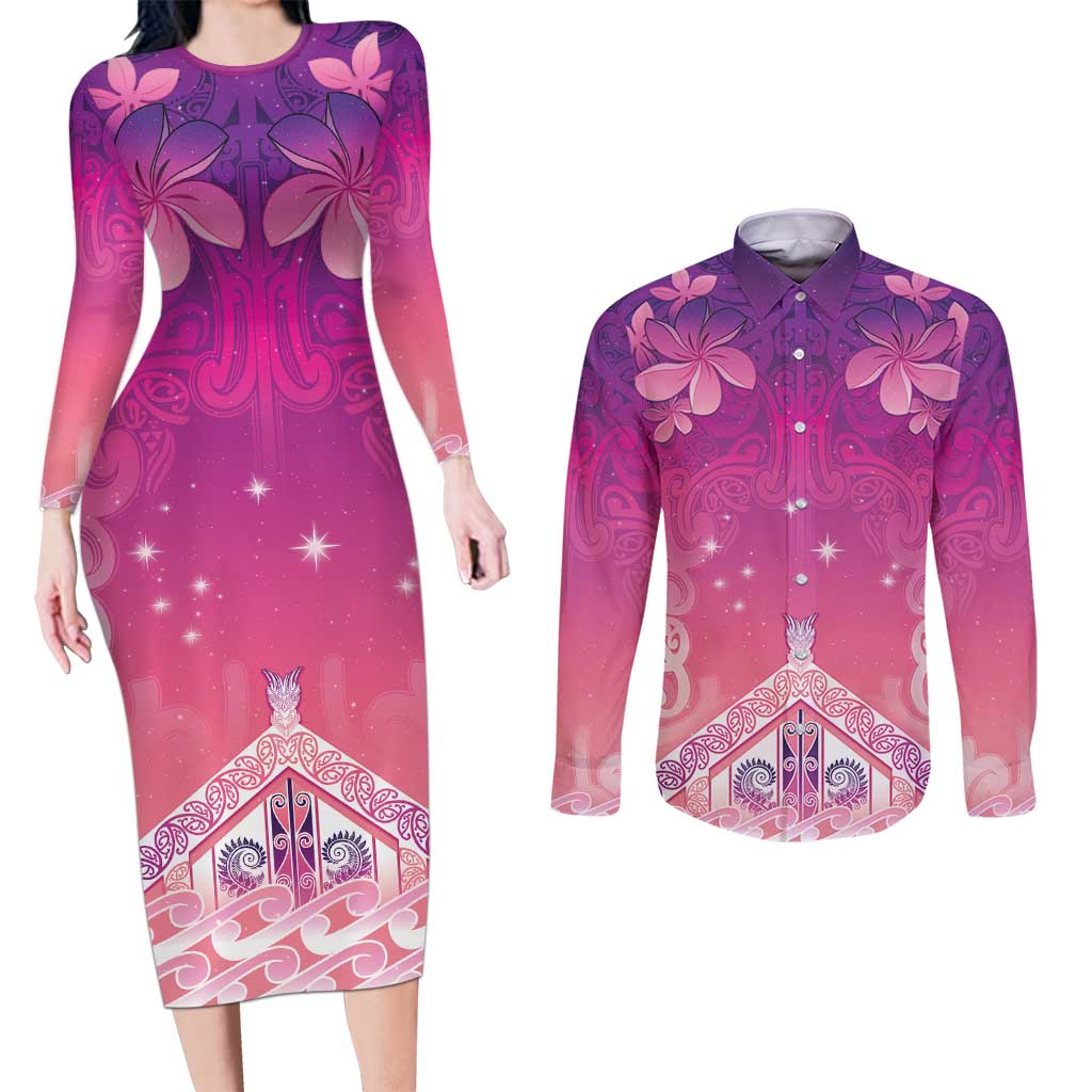 New Zealand Matariki Couples Matching Long Sleeve Bodycon Dress and Long Sleeve Button Shirt Maori Marae Purple Galaxy LT05 Purple - Polynesian Pride