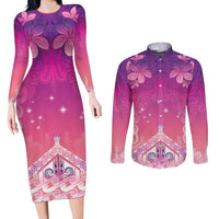 New Zealand Matariki Couples Matching Long Sleeve Bodycon Dress and Long Sleeve Button Shirt Maori Marae Purple Galaxy LT05 Purple - Polynesian Pride