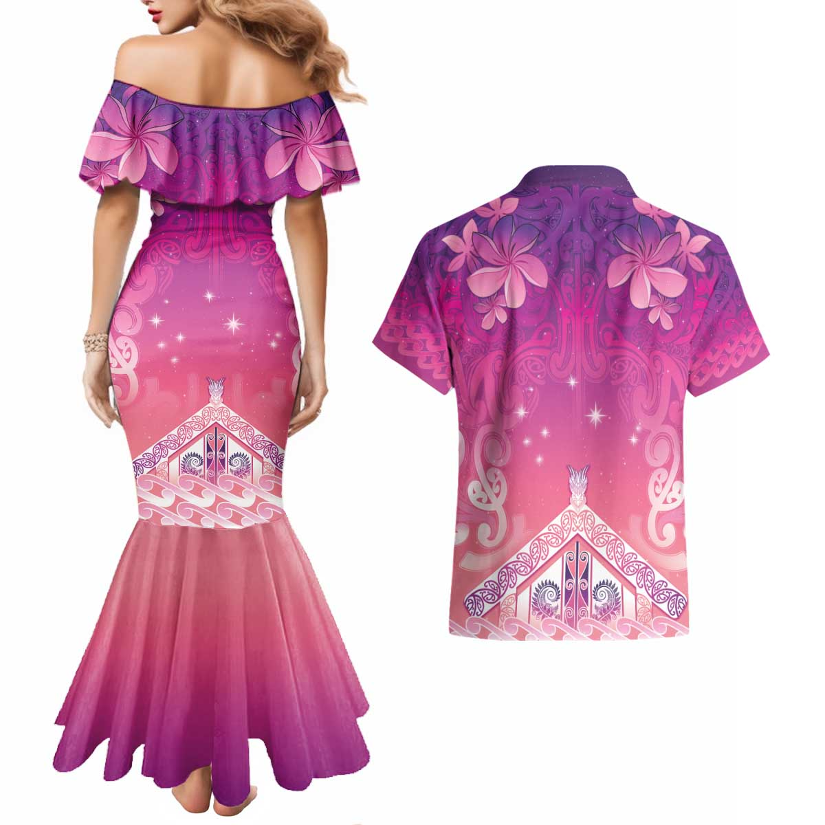 New Zealand Matariki Couples Matching Mermaid Dress and Hawaiian Shirt Maori Marae Purple Galaxy LT05 - Polynesian Pride