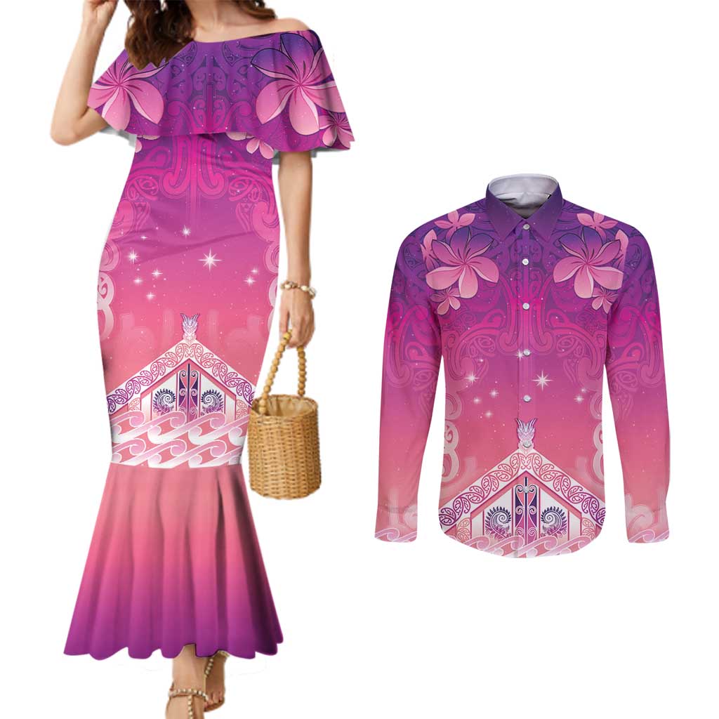 New Zealand Matariki Couples Matching Mermaid Dress and Long Sleeve Button Shirt Maori Marae Purple Galaxy LT05 Purple - Polynesian Pride