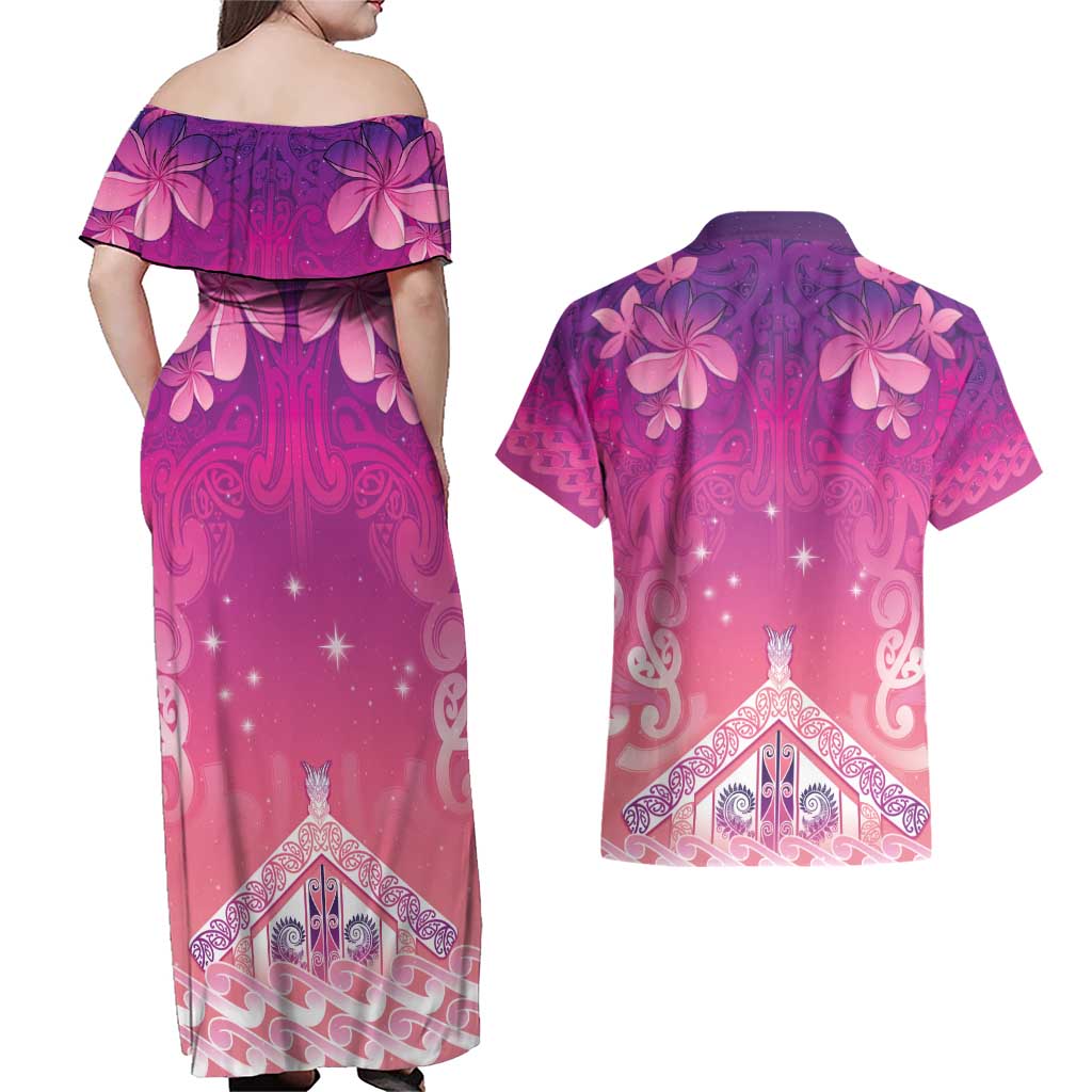 New Zealand Matariki Couples Matching Off Shoulder Maxi Dress and Hawaiian Shirt Maori Marae Purple Galaxy LT05 - Polynesian Pride