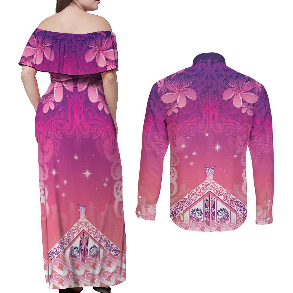 New Zealand Matariki Couples Matching Off Shoulder Maxi Dress and Long Sleeve Button Shirt Maori Marae Purple Galaxy LT05 - Polynesian Pride