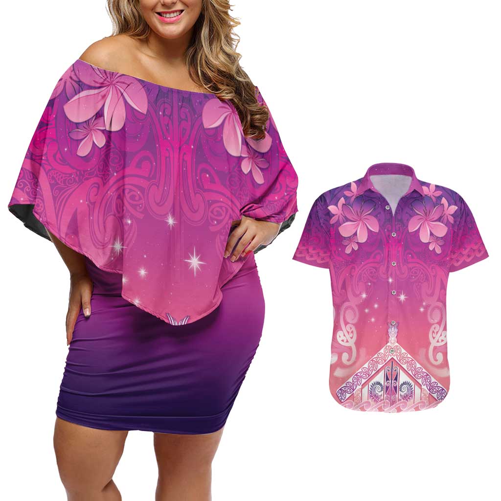 New Zealand Matariki Couples Matching Off Shoulder Short Dress and Hawaiian Shirt Maori Marae Purple Galaxy LT05 Purple - Polynesian Pride