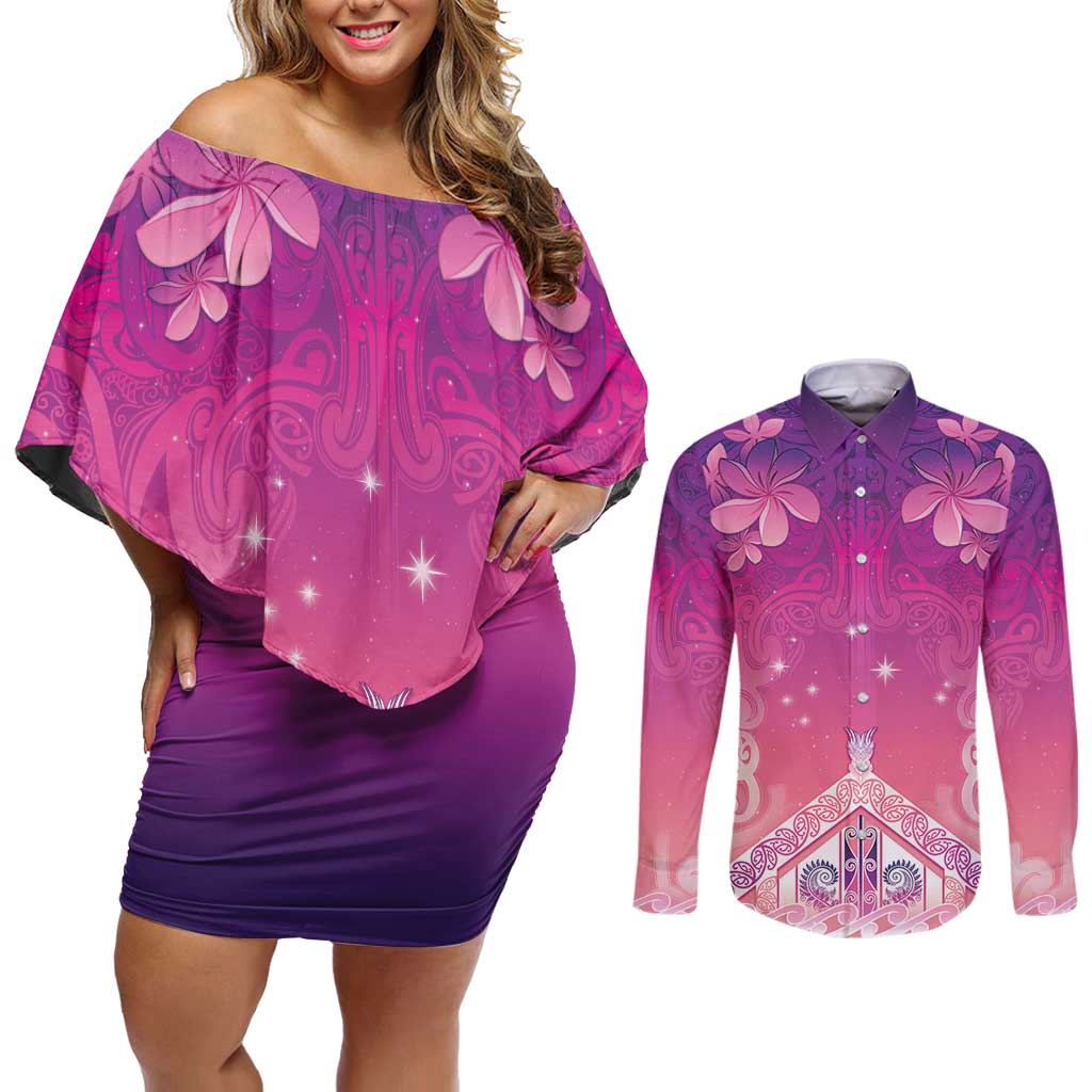 New Zealand Matariki Couples Matching Off Shoulder Short Dress and Long Sleeve Button Shirt Maori Marae Purple Galaxy LT05 Purple - Polynesian Pride