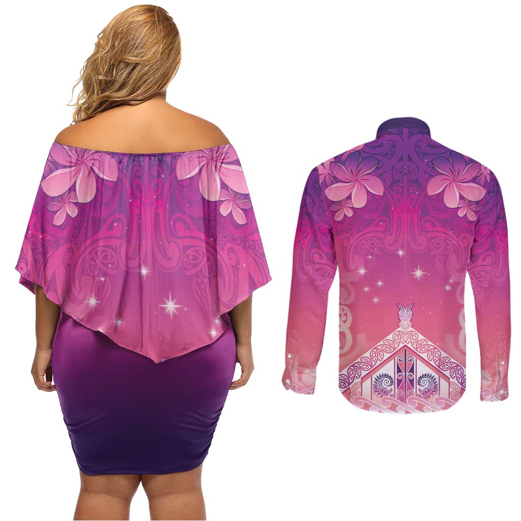 New Zealand Matariki Couples Matching Off Shoulder Short Dress and Long Sleeve Button Shirt Maori Marae Purple Galaxy LT05 - Polynesian Pride