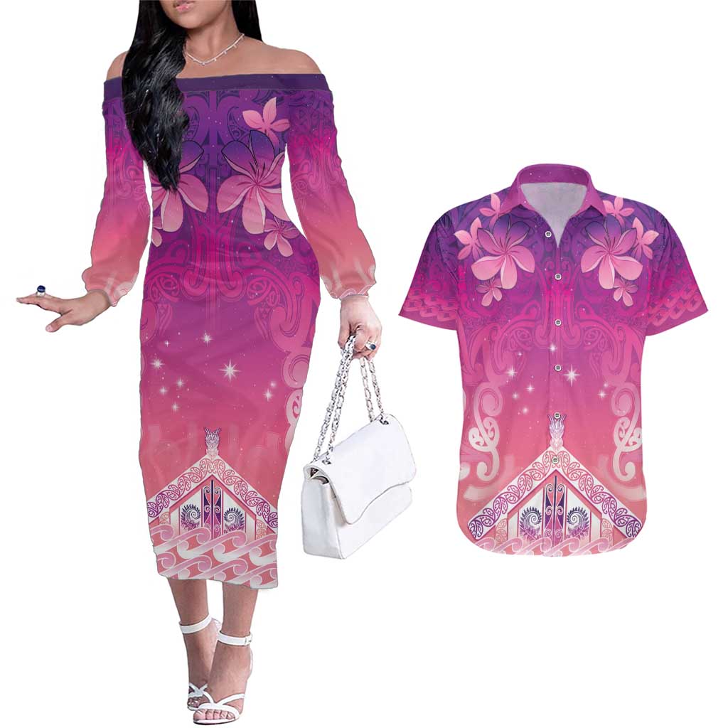 New Zealand Matariki Couples Matching Off The Shoulder Long Sleeve Dress and Hawaiian Shirt Maori Marae Purple Galaxy LT05 Purple - Polynesian Pride
