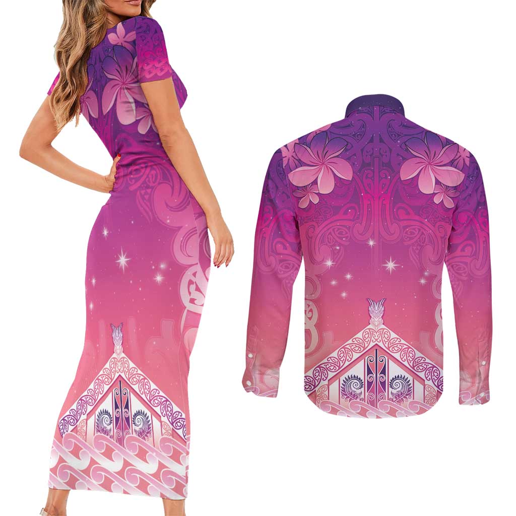 New Zealand Matariki Couples Matching Short Sleeve Bodycon Dress and Long Sleeve Button Shirt Maori Marae Purple Galaxy LT05 - Polynesian Pride