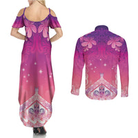 New Zealand Matariki Couples Matching Summer Maxi Dress and Long Sleeve Button Shirt Maori Marae Purple Galaxy LT05 - Polynesian Pride